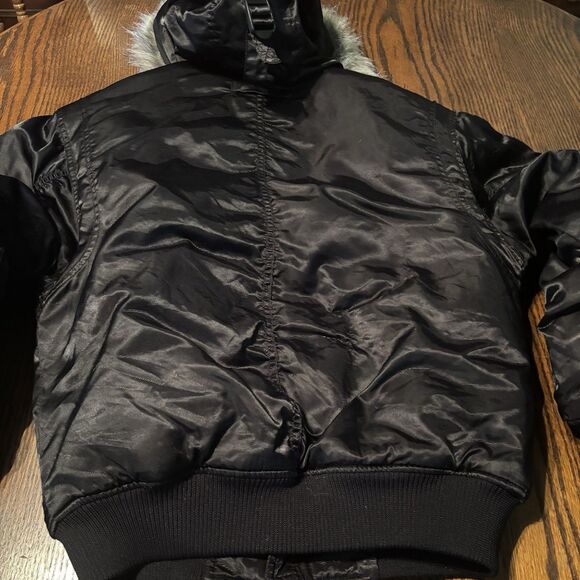 Southpole Women's M VTG Y2K Hooded Puffer Bomber Jacket Fur Trim Black Hip Hop - Picture 8 of 16